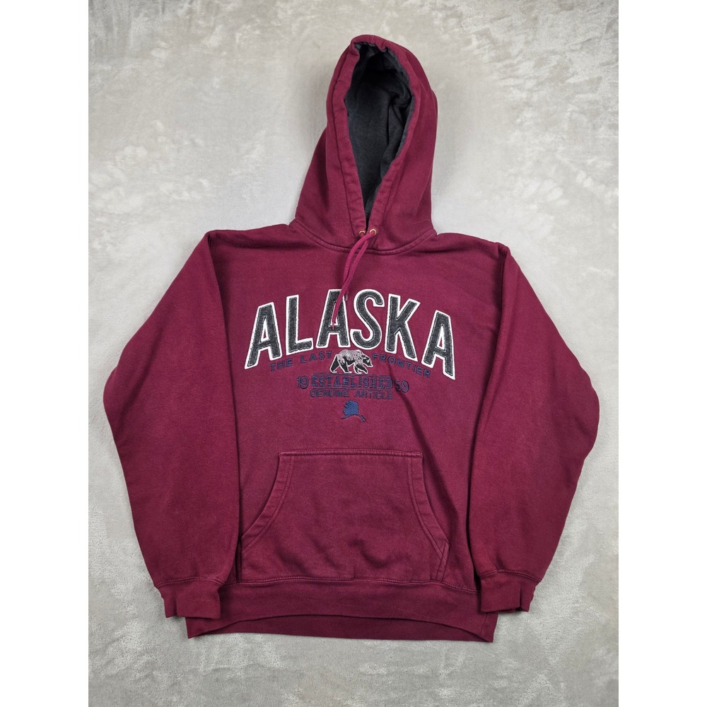Prairie Mountain Hoodie Mens S Maroon Alaska The Last Frontier Bear Graphic Y2K